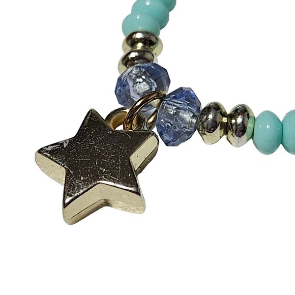 Elegant Blue Beaded Gold Tone Star Charm Stretch Bracelet Fashion Jewelry Women - Picture 2 of 3